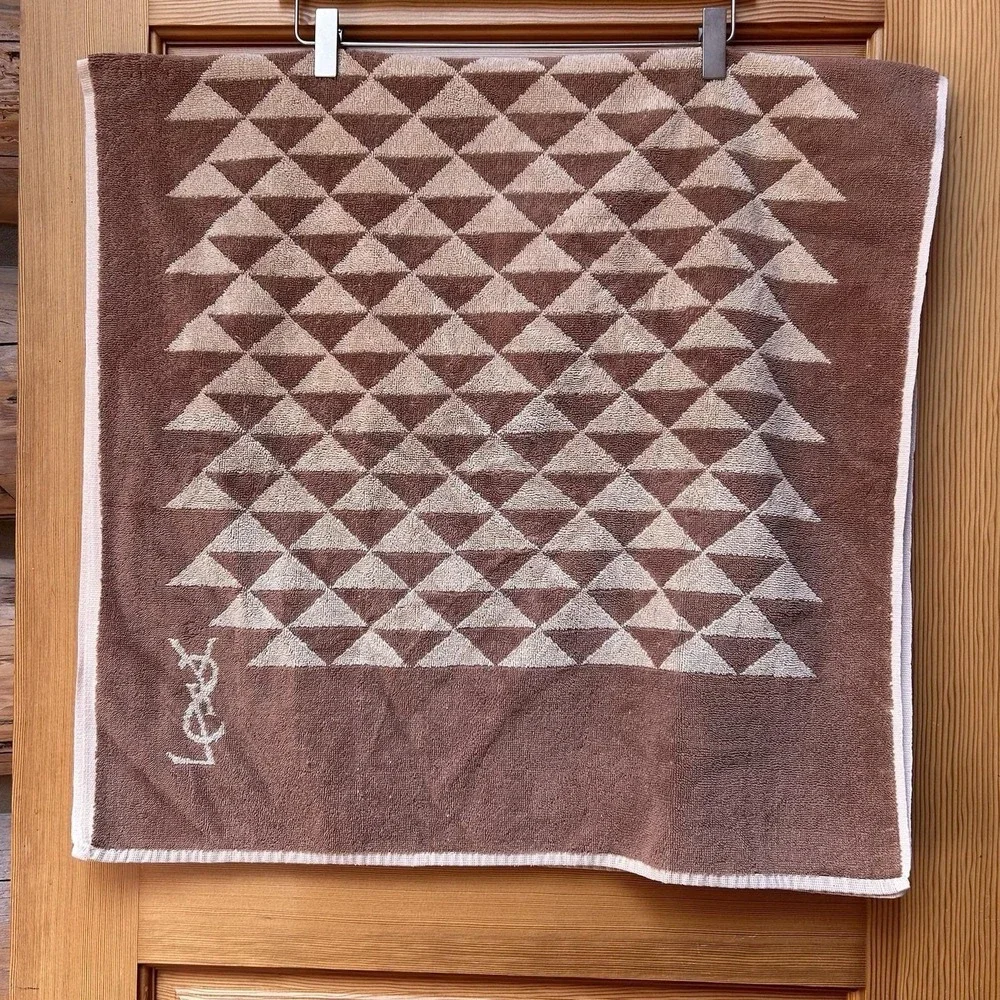 VTG 70s Yves Saint Laurent YSL Luxury Bath Towel Logo Brown/Beige Geometric Mod